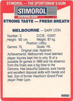1990 AFL Scanlens Stimorol #38 Garry Lyon Back